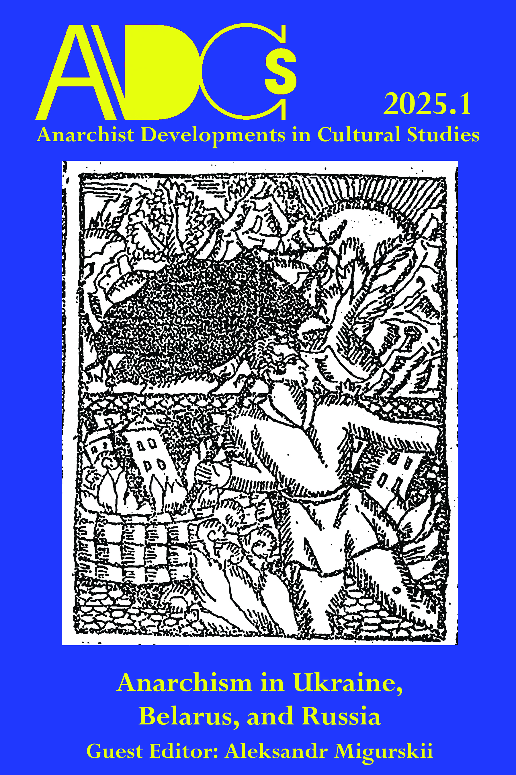 Journal cover of a peasant carrying a black flag with a sun rising in the background